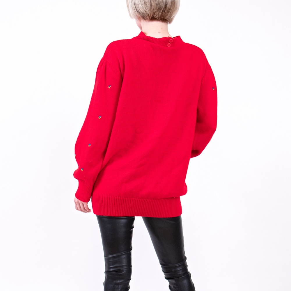 Vintage 80s red floral knit mock neck sweater - Picture 4 of 5